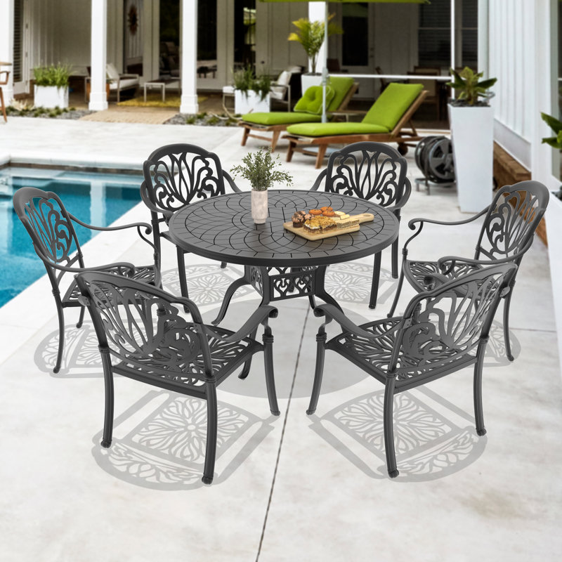 47.24 -inch Round Table Cast Aluminum Outdoor Dining Set with Brown Cushions, 6