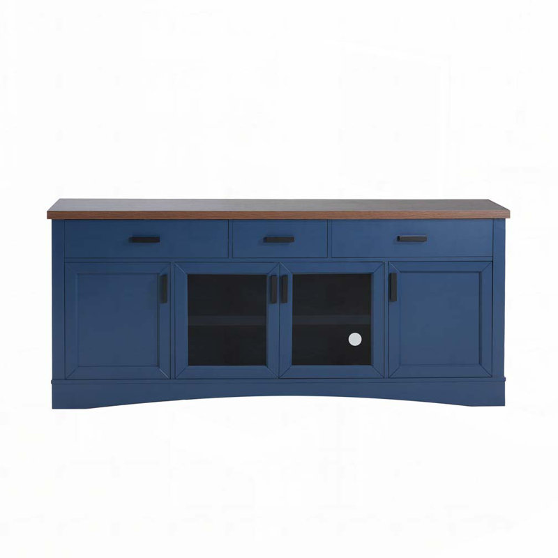 Console télé, meuble télé d'une largeur de 67 po, portes et tiroirs de rangement en verre, tablettes réglables, Bleu