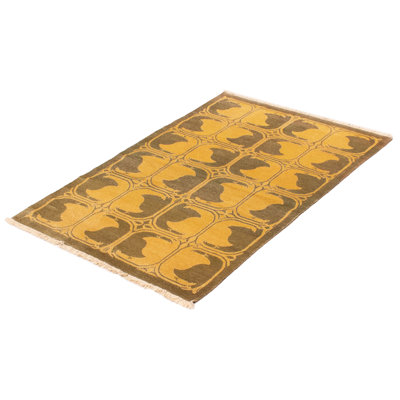 Tapis jaune / brun en laine noué à la main de conception unique 4 pi 2 po x 6 pi 2 po New Age Amorino