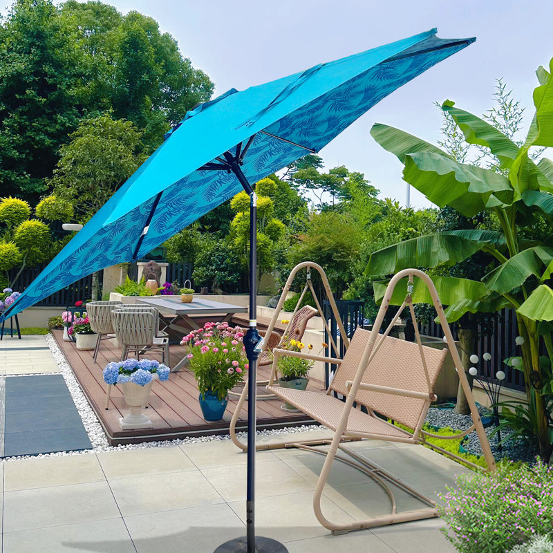 Parasol cyan extérieur 9 pi avec poignée à manivelle et mécanisme d'inclinaison imperméable - Parasol de jardin