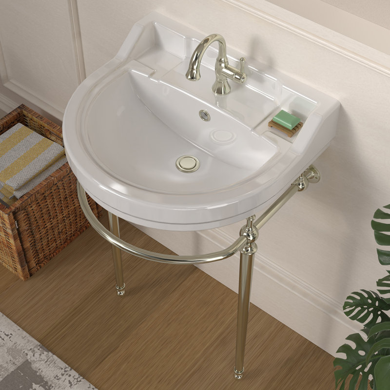 Console Whitehaus de 22 po avec cuve semi-circulaire, repose-pieds en laiton massif et porte-serviettes à l'avant