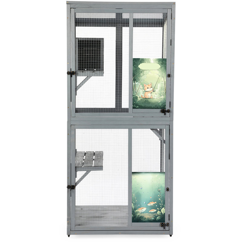 Fenêtre d'extérieur pour chat de 70 pouces avec roulettes, 3 espaces de repos relaxants, portes verrouillables et boîte privée en feuille de soleil pour maison grise, fabrication en bois de pin imperméable