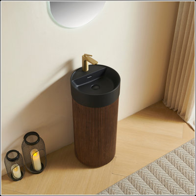 Armoire cylindrique autoportante avec cuve à surface solide noire et trou pour robinet, finition grain de bois noyer, sans couvercle ni robinet