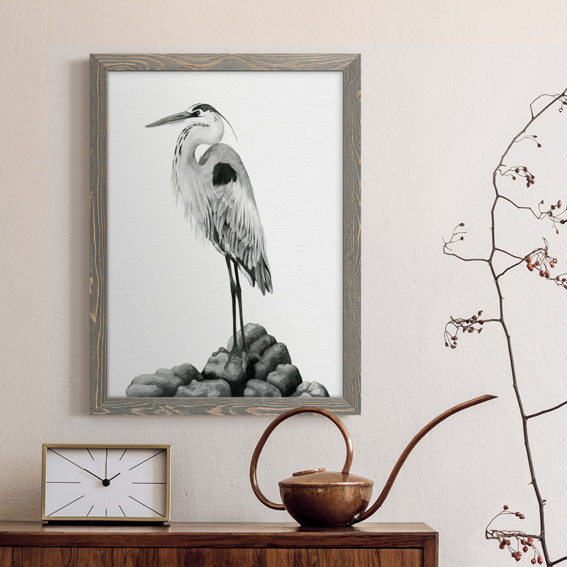 Shoreline Heron en toile encadrée de qualité supérieure - prêt à accrocher, H 24 po x l 20 po x P 1 po, gris