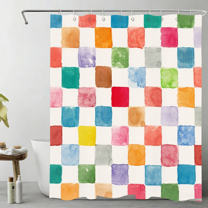 Rainbow Checkered Grid Shower Curtain Kids Bath Multicolor 72" x 72"