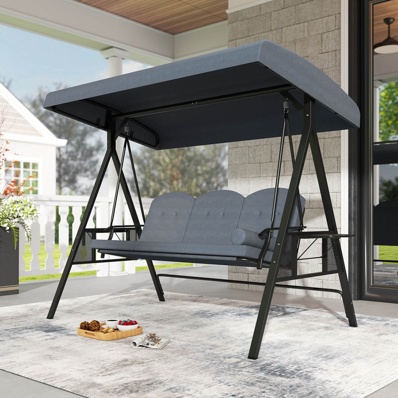 Balancelle de patio 3 places avec auvent avec coussins amovibles et support pour poches latérales, Gris, 77