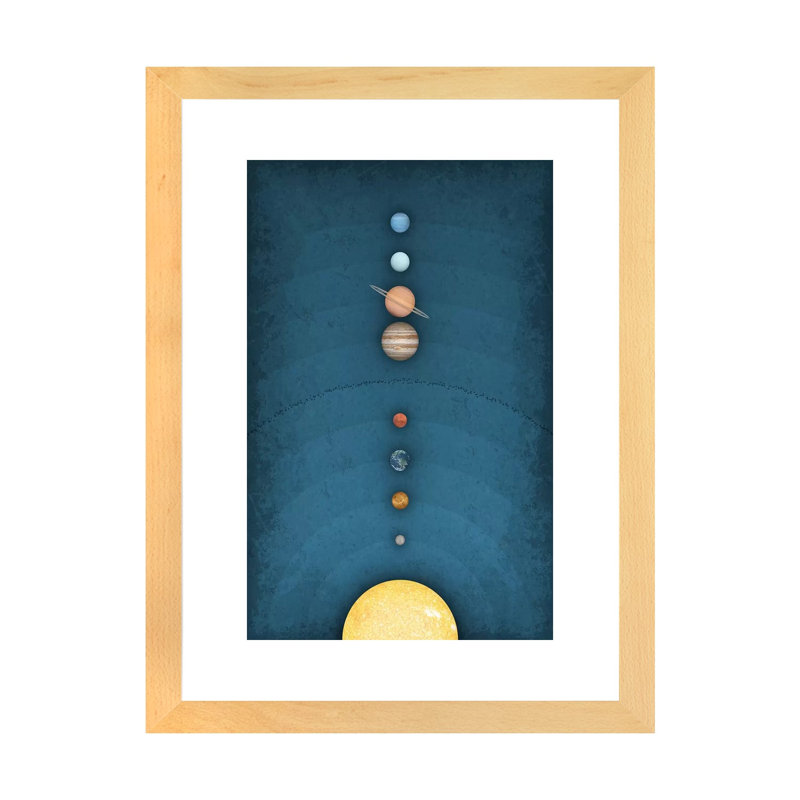 Système solaire sur bleu I - impression, Blanc, H 24 po x l 16 po x P 1 po, Papier encadré de bois naturel