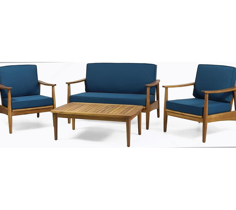 Ensemble de conversation d'extérieur en bois de teck brun 4 pièces avec coussins sarcelle foncé