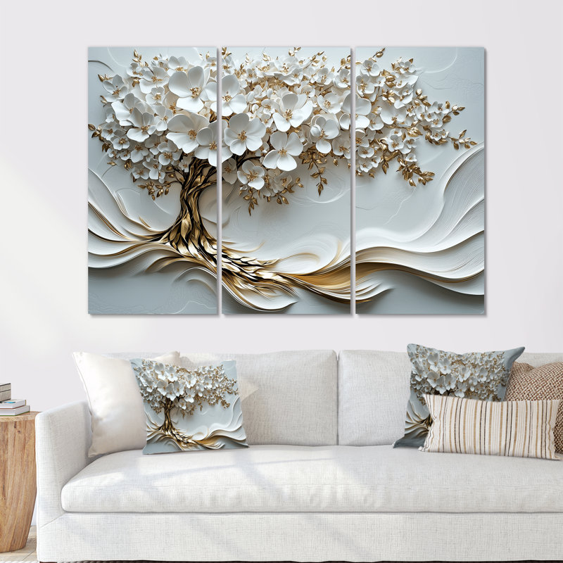 Cerisiers en fleurs blanc doré II - ensemble d'art mural cerisier en fleurs, H 28 po x l 36 po x P 1 po, Toile tendue