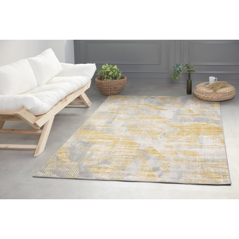 Tapis en polyester abstrait doré et gris de la collection Lela, Rectangle 7 pi 6 po x 10 pi 6 po