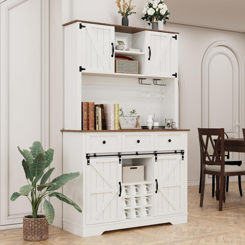 Abrianna 72" Farmhouse Coffee Bar Cabinet with 3 Drawers & Wine Racks, White