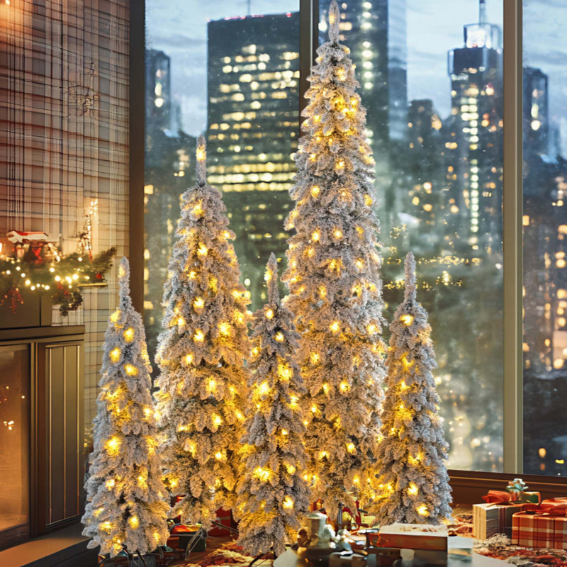 Crayons de Noël pré-éclairés, arbre de Noël artificiel mince 5 pièces avec flocage de neige, arbre de décoration de Noël, 1820 branches, 350 lumières DEL avec 11 modes d'éclairage