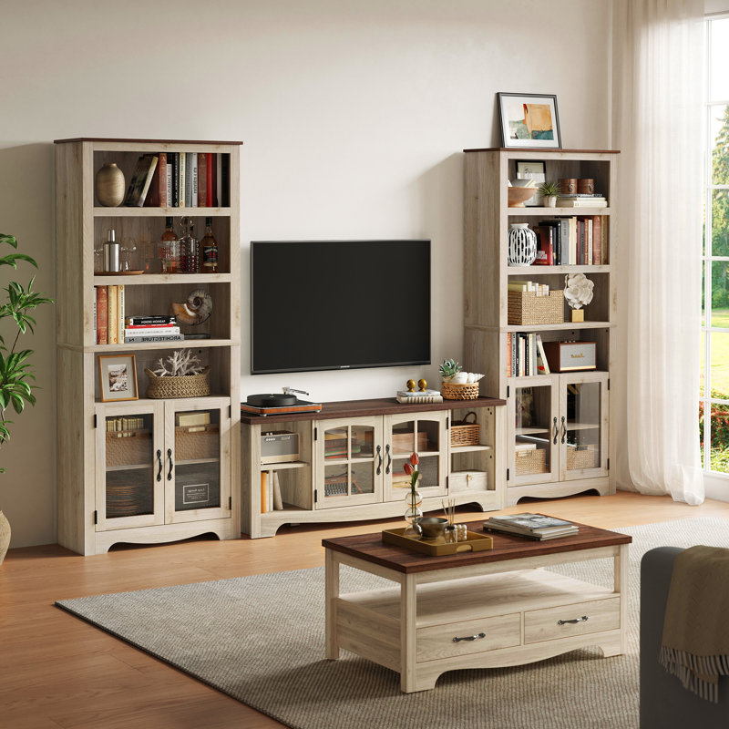 Callison Farmhouse Entertainment Center With Bookcases For 65'' TV, Modular Living Room TV Stand Set, Beige Wood