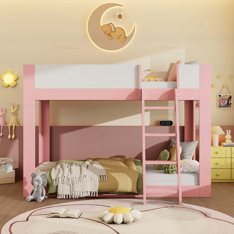 Lit superposé bas pour une personne, convertible en bois avec échelle réversible et barrières de sécurité, rose, Twin