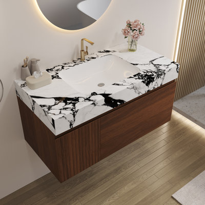 Meuble-lavabo suspendu contemporain Norelle 36 po en pierre frittée avec dessus en pierre frittée, lavabo en céramique et rangement à fermeture douce