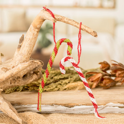 Alcott Hill® Handmade Candy Cane Duo Glass Beaded Ornaments (Pair)