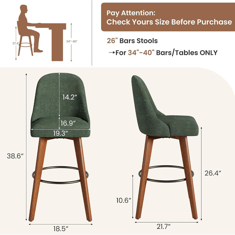 Tabourets de bar de 66 cm (26 po) de hauteur comptoir, pivotants à 360°, verts | Chaises de bar rembourrées en lin avec dossier et pieds en bois, pour îlot de cuisine
