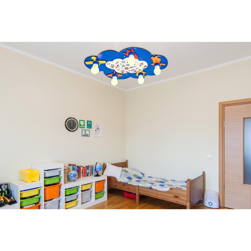 Modern Blue Chandelier for Kids' Room, 27.6 x 17.3 x 2.4 inches | Stylish Wooden Body, 5 x E27 Sockets (Bulbs Not Included) | Energy Saving Design, Perfect for Baby & Young Children's Spaces