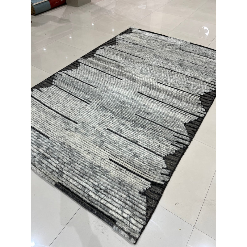 Gray Hand-Knotted Wool Striated Horizon Geometric Modern Contemporary Carpet Rug, 6' x 9'