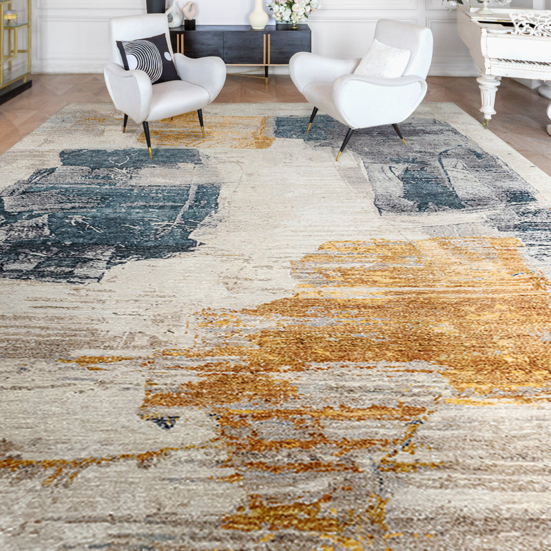 Abstract Area Rug in Gold, Rectangle 10' x 14'