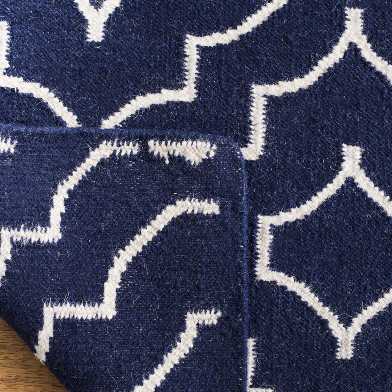 Rodgers Hand Woven Flat Weave Wool/Cotton Geometric Rug in Blue/Ivory, Square 6'