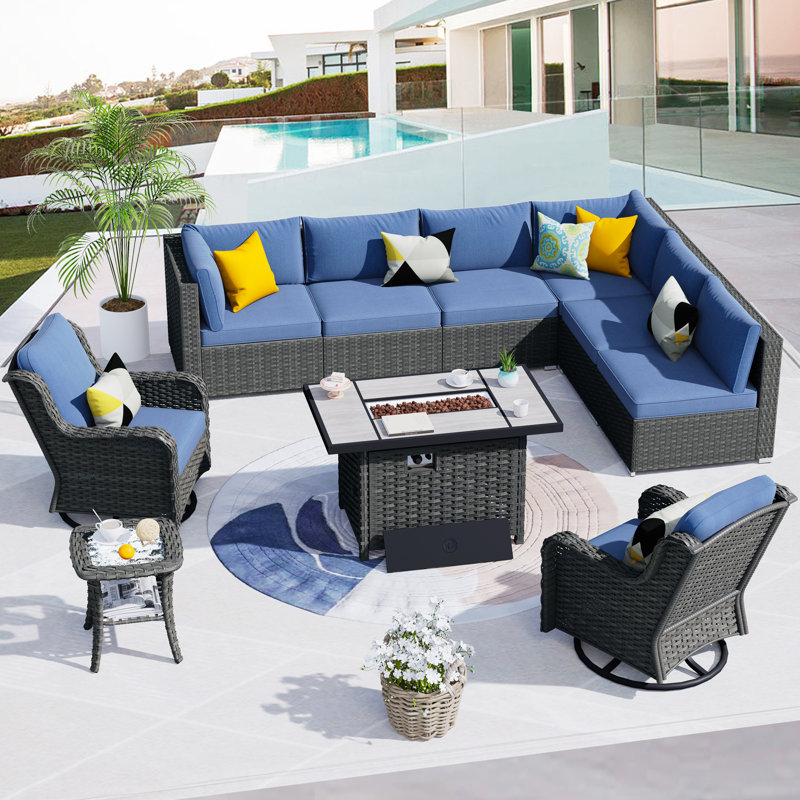 Ralfs 8 - Person Modular Patio Conversation Set with Cushions, Denim Blue
