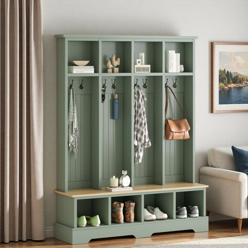 Farmhouse Wide Hall Tree With 8 Hooks, Bench And Open Compartments, Green
