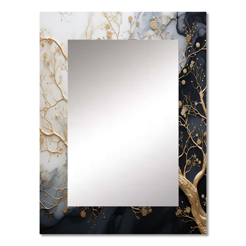 Golden Branch Tree Luminous Tangle III - miroir décoratif monochrome, miroir mural traditionnel, impression d'art en métal