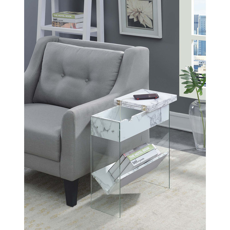 Allegonda 23.75'' Tall Sled End Table and Built-In Outlets, White Faux Marble