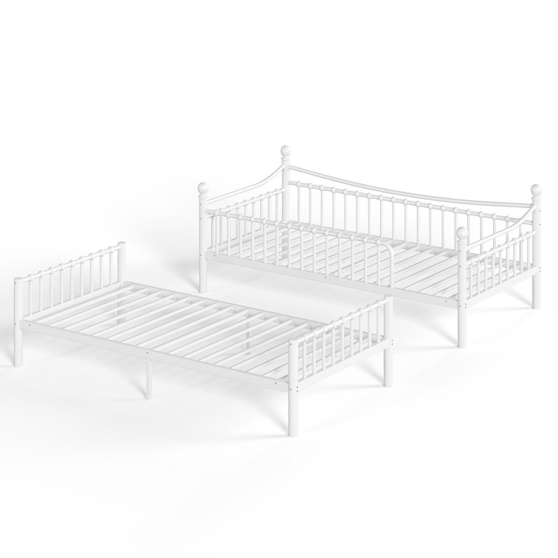 Lits jumeaux XL en métal avec barrière de sécurité incurvée, gain de place moderne pour la famille, White