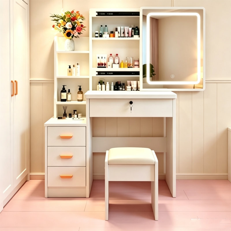 Modern White Makeup Vanity Set with LED Lighted Mirror, Storage Drawers & Cushioned Stool, Bedroom Dressing Table for Teens and Adults