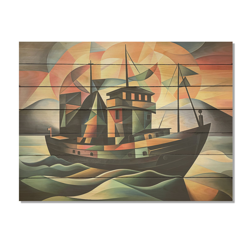 Bateau de croisière cubiste - Bateau côtier sur bois, H 10 po x l 20 po x P 0,78 po