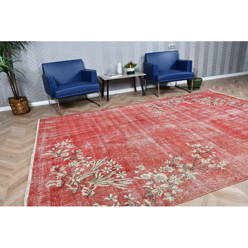 Grand tapis Oushak turc rétro rouge à motif floral et en laine, idéal pour la chambre à coucher