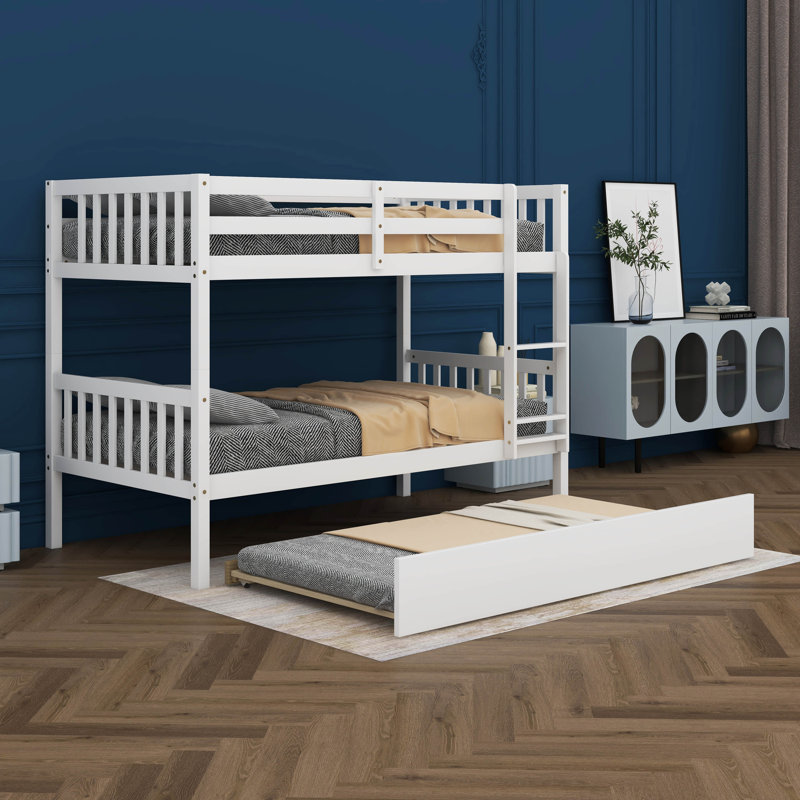  Kamorian Twin Over Twin Rubber Wood Bunk Bed With Trundle, Convertible Into 2 Beds, White