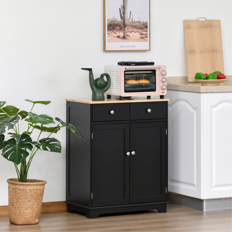 Armoire de rangement Sideboard - noire avec comptoir en bois massif. 2 tiroirs, tablette réglable pour un comptoir de maison ordonné et ordonné.