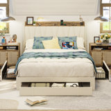 Upholstered Bed Frame with 3 Drawers, Bed with Storage Headboard and Charging Station