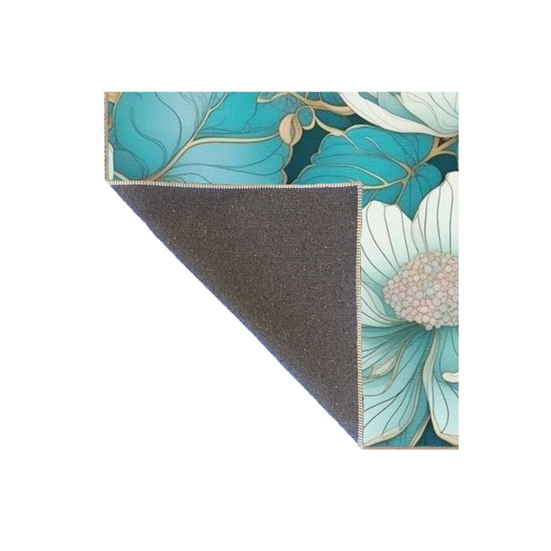 Tapis bleu tissé à motif floral lavable à la machine, Sous-tapis carré 3 pi 3 po inclus