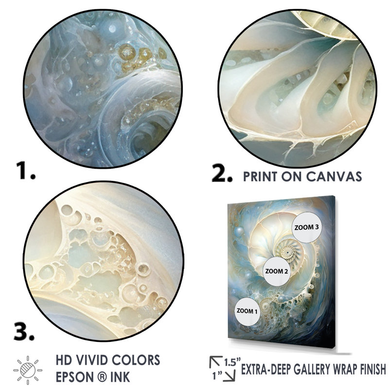 Nautilus perle bleue et blanche sur toile, Toile tendue, H 32 po x l 24 po x P 1 po