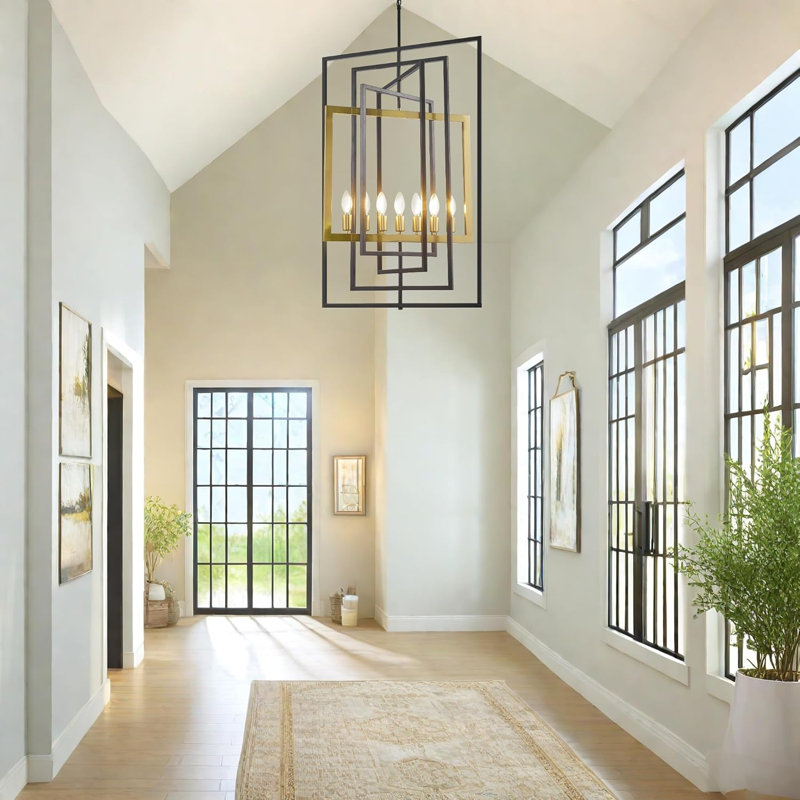 7-Light Modern Chandelier, Industrial Large Chandeliers For High Ceilings, Farmhouse Foyer Lighting Fixtures, Black And Gold Geometric Pendant Light, For Living Room, Staircase, Entryway
