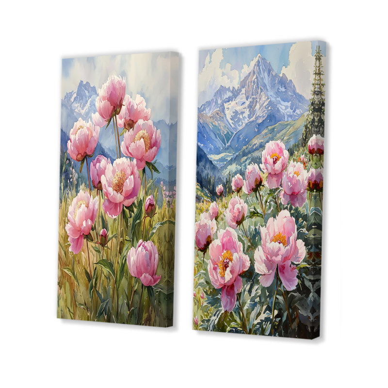 Pivoines dans la brise alpine I - décoration murale en toile florale 2 panneaux, H 40 po x l 41 po, Toile tendue