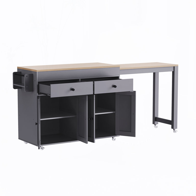 74.5 inch Kitchen Island with Extendable Dining Table,Kitchen Storage Cart with Spice Rack,2 Drawers and 4 Door Cabinet, Grey