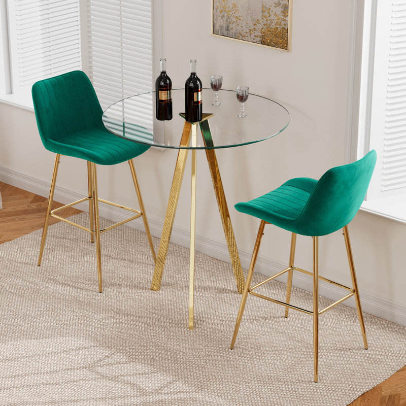 3 Piece Pub Table and Velvet Fabric Pedestal Bar Stool Dining Set (Set of 3), Green/Gold