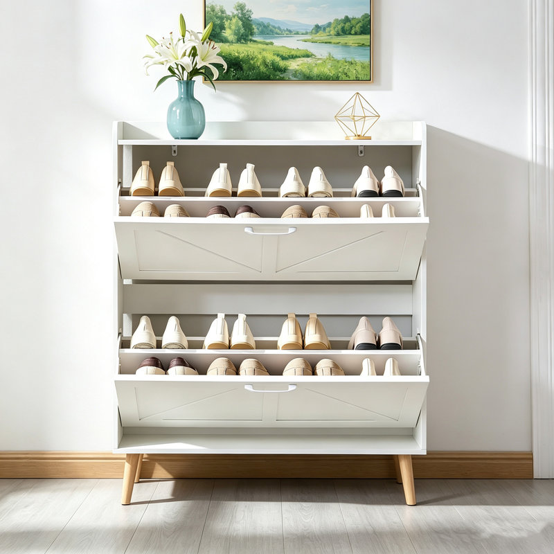 Rangement à chaussures avec 2 tiroirs rabattables, armoire à chaussures en bois, Blanc