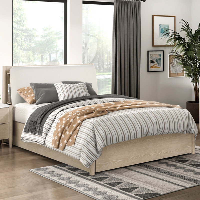 Très grand lit avec très grande tête de lit tapissier, ports, tablettes intégrées, tiroirs, plateforme en tissu huître, texturé
