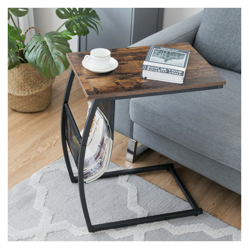 C-shaped Vintage End Table with Side Pocket and Metal Frame,Rustic Brown