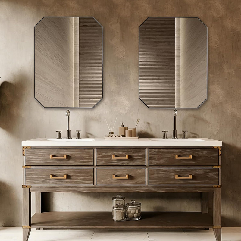 Contemporary Cut Corner Octagonal Scalloped Bathroom Vanity Mirror | Stainless Steel Frame, 40" x 30", Polished Chrome