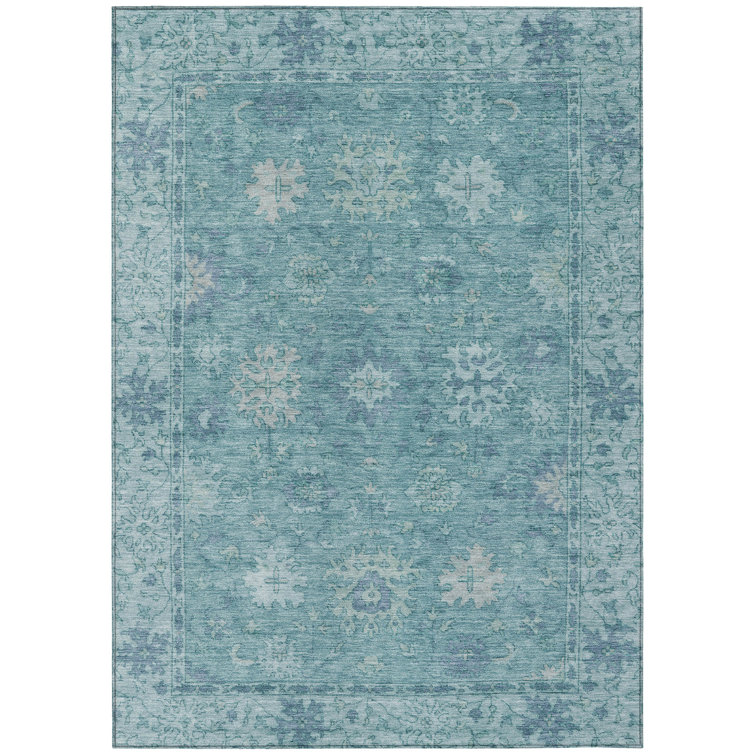 Machine Washable Indoor/Outdoor Xhevrie Teal Rug