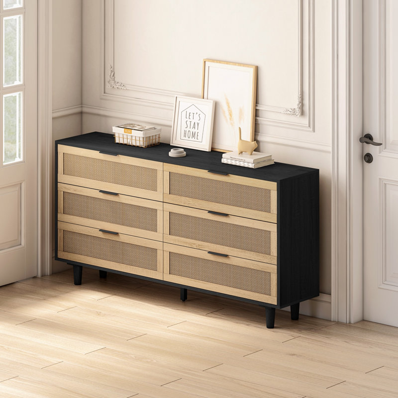 Annslee 59.06" 6-Drawers Rattan Dresser Rattan Bedroom Furniture Rattan Storage Rattan Chest, Black