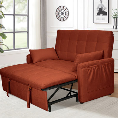 Lit convertible 2 en 1 avec dimensions de 61 pouces, structure en fer renforcé, poches de rangement, revêtement en lin rouge réglable, coussins en mousse à mémoire de forme pour chambre à coucher, appartement, jeu