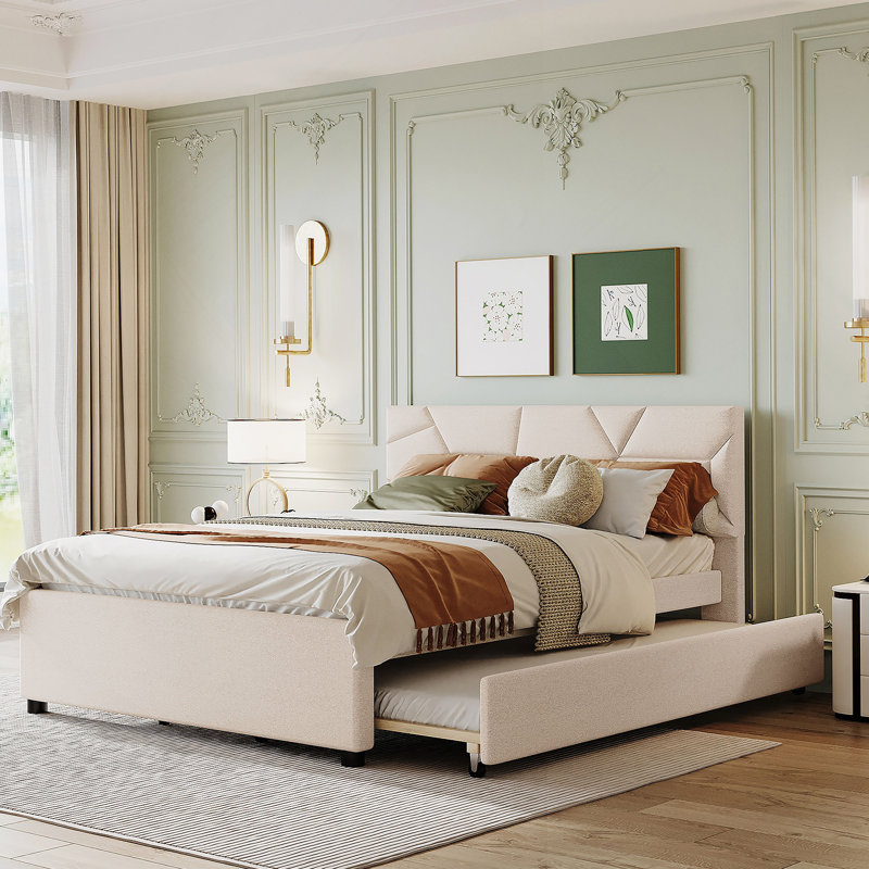 Upholstered Platform Bed With Brick Pattern Headboard And Trundle